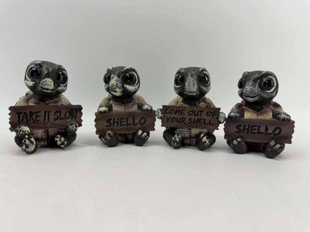 Funny Turtle Figurine Set with Signs Shello Take It Slow Whimsical Home Decor